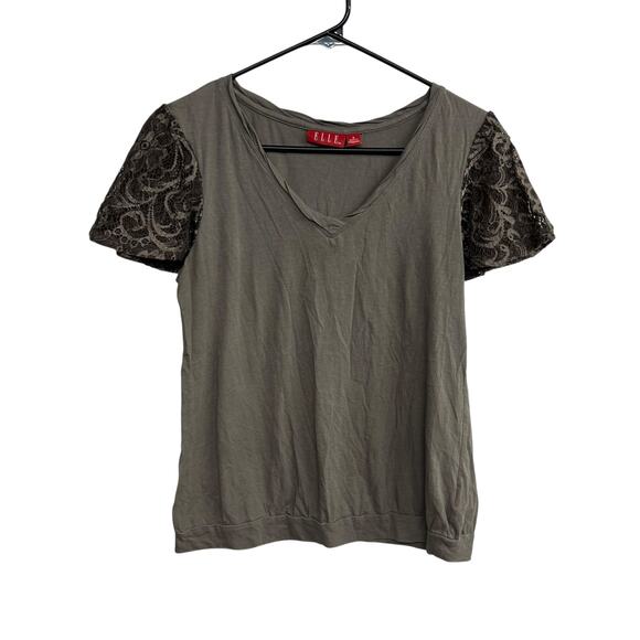 Romantic‎ Minimalist Lace Sleeve Top Elle Olive Green Casual Chic S - Picture 1 of 7